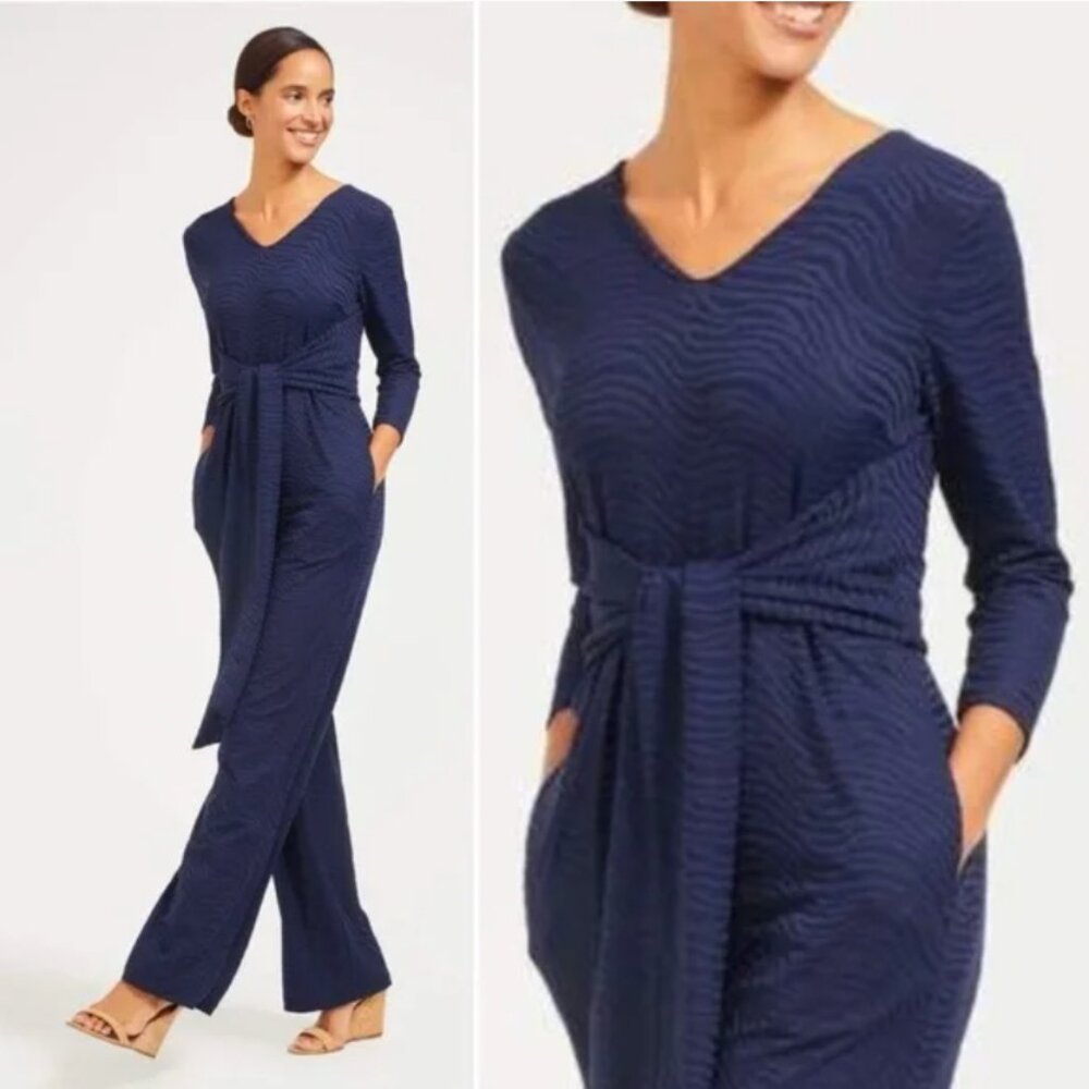 J. McLaughlin Navy Textured V-Neck Long Sleeve Jumpsuit